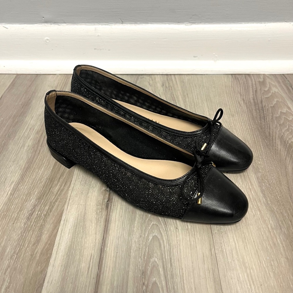 Stuart Weitzman Flats Women's 6.5 Black Glitter Leather Cap Toe Bow Ballet‎ NEW